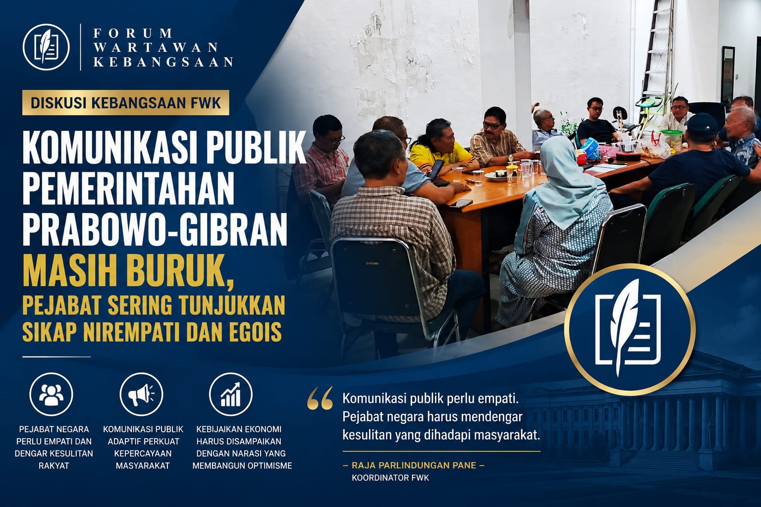 iskusi Kebangsaan Forum Wartawan Kebangsaan di Jakarta membahas komunikasi publik pemerintahan Prabowo-Gibran, 1 Juli 2026