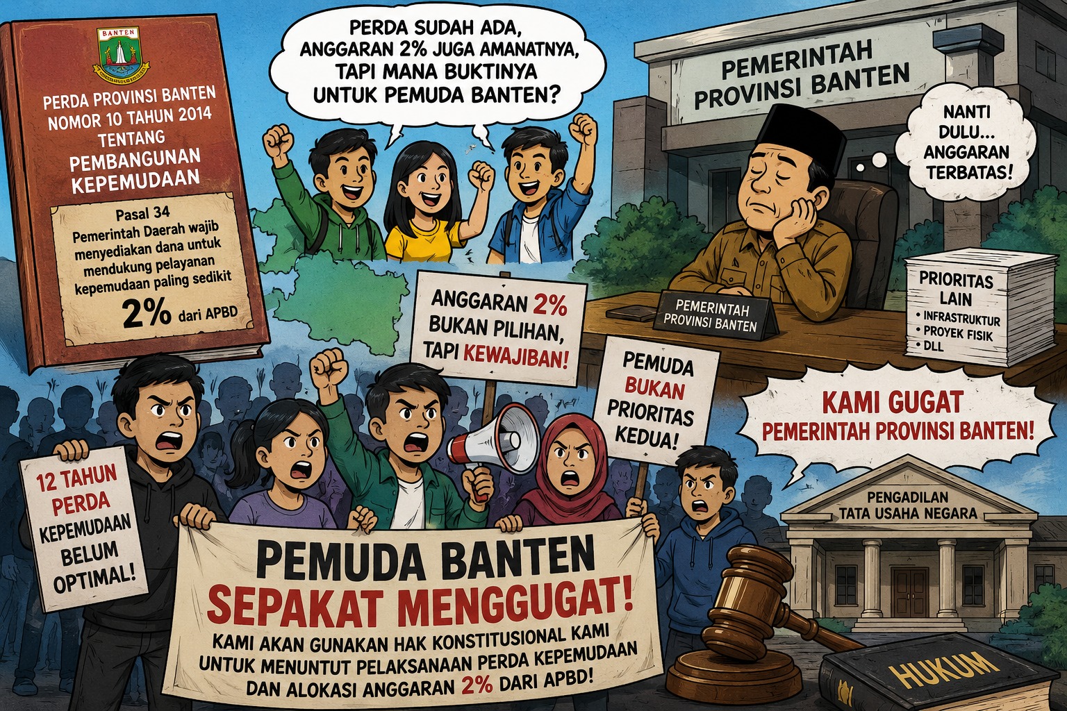 Ilustrasi aksi pemuda Banten menuntut implementasi 2 persen APBD untuk kepemudaan sesuai Perda Nomor 10 Tahun 2014