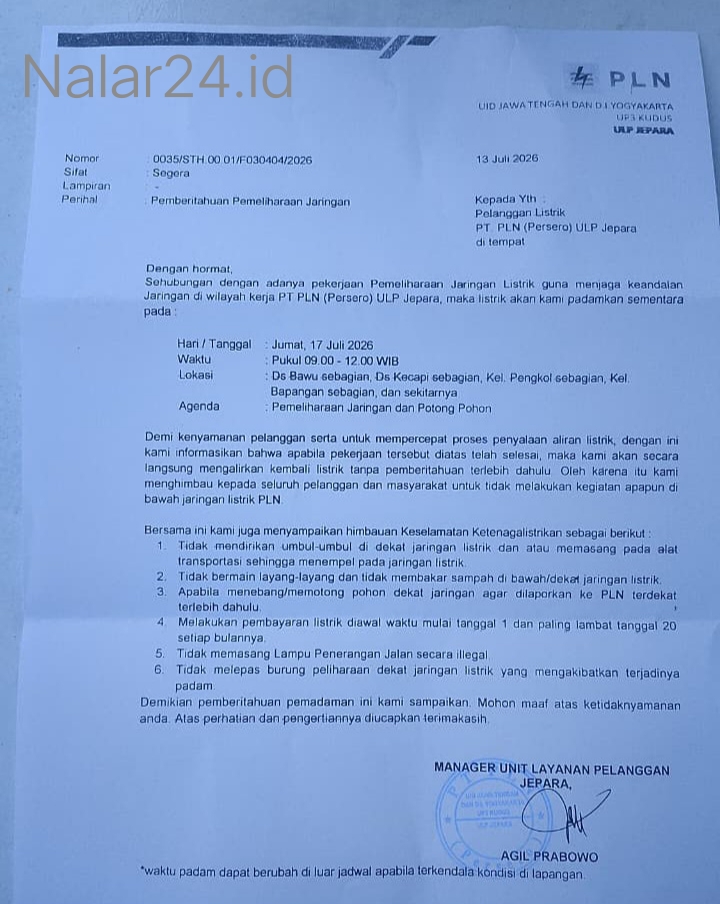 Surat pemberitahuan PLN ULP Jepara tentang jadwal pemadaman listrik 17 Juli 2026 untuk pemeliharaan jaringan
