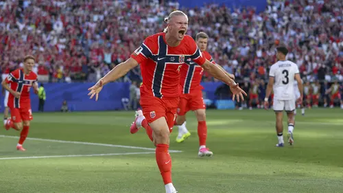 Erling Haaland selebrasi gol bersama Timnas Norwegia di Piala Dunia 2026