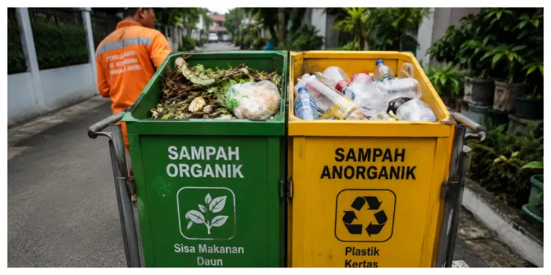 Gerobak sampah warna hijau untuk sampah organik dan kuning untuk sampah anorganik di Jakarta Selatan