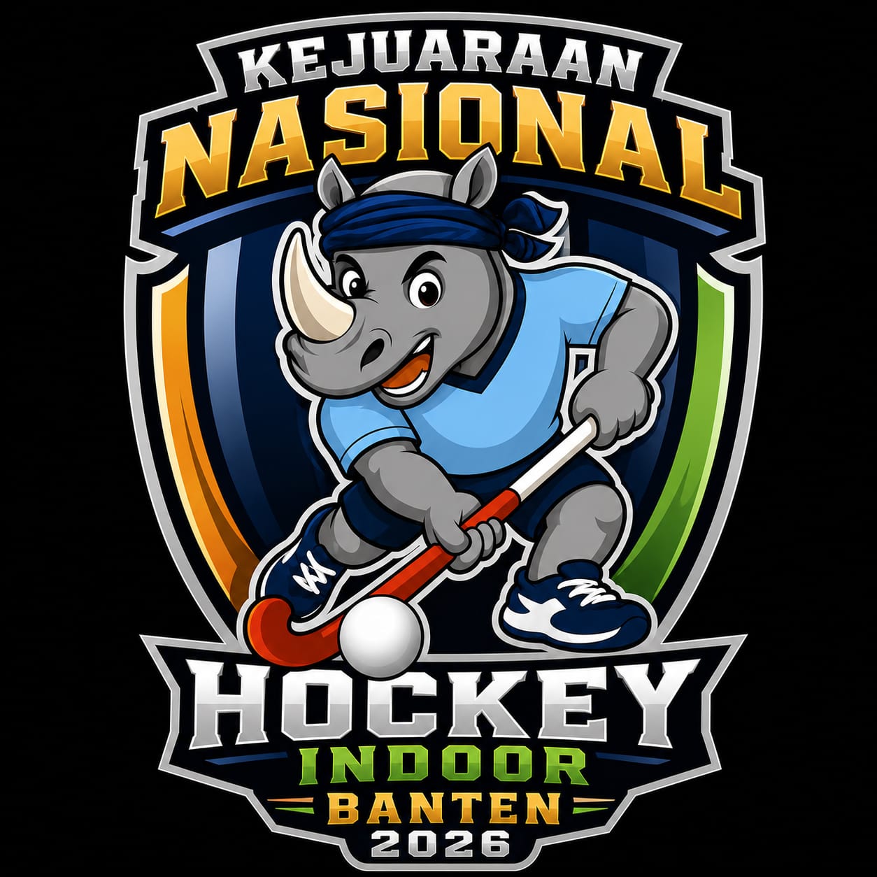Logo Kejurnas Hoki Indoor Banten 2026 maskot badak bercula