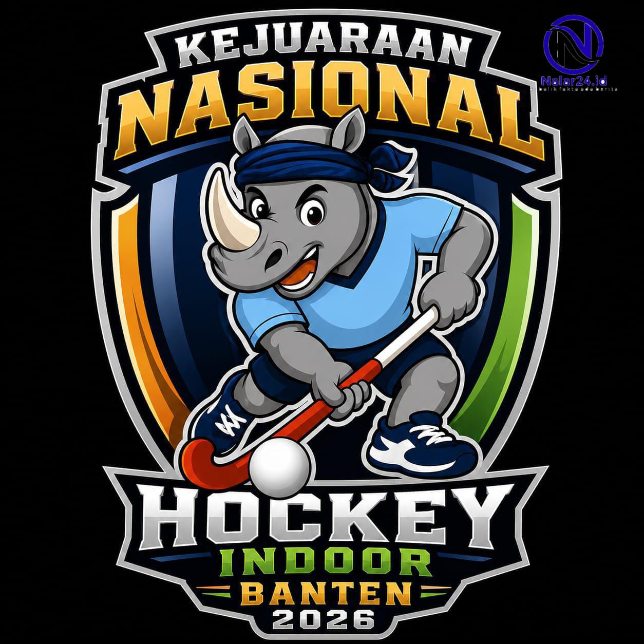 Logo Kejurnas Hoki Indoor Banten 2026 maskot badak bercula