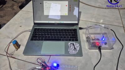 Komponen alat deteksi gas dan tampilan notifikasi Gas Alert di laptop mahasiswa Uniba