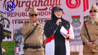 Wakil Bupati Tangerang Intan Nurul Hikmah berpidato di depan warga Desa Gembong saat peringatan HUT ke 81 Kemerdekaan RI